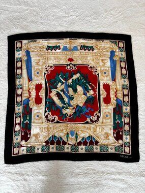 Celine Vintage Black Silk Scarf Ancient Theater Lyre Pattern Large Square